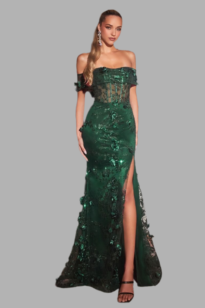 FLORAL PRINT FITTED OFF THE SHOULDER GOWN